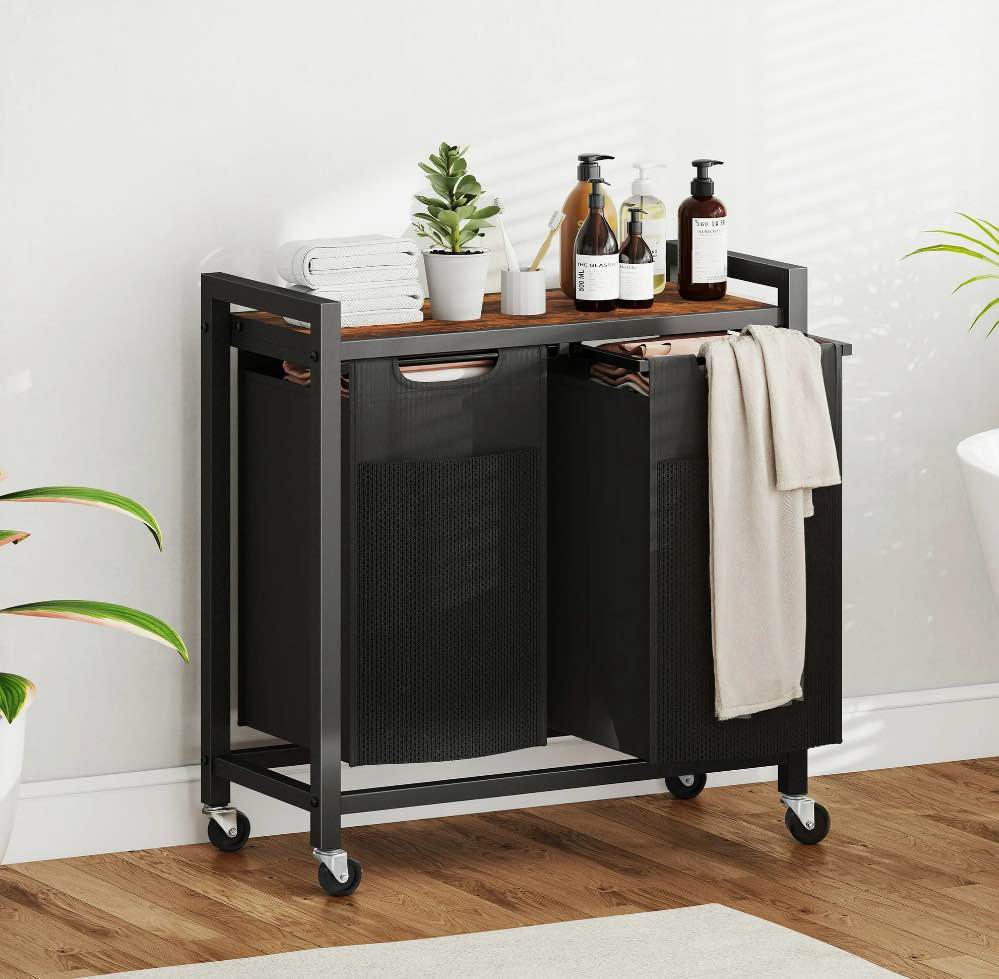 edx Laundry Hamper with 2 Pull-Out Removable Laundry Bags Clothes Sorter with Shelf and Wheels(Adjustable feet)  2 x 11.2 Gallons (42.5 Liters) for Laundry Rooms  Bathrooms and Dorms
