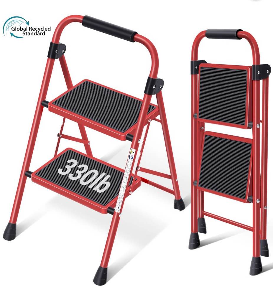KINGRACK Folding Step Stool  2-Step Household Steel Ladders and Step Stools with Handgrip  330lbs Capacity (Red)