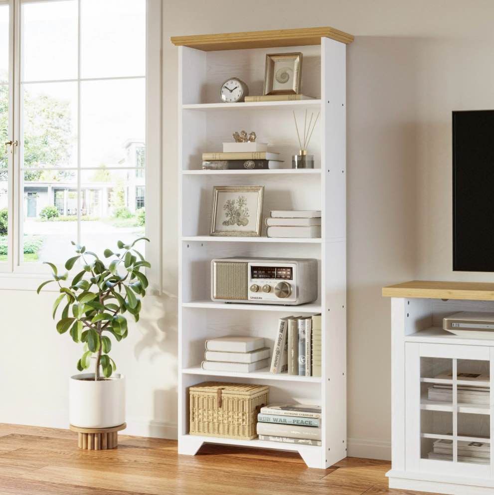 IRONCK 71" Tall 6 Tier Bookcase, Wood Book Shelf for Home Office, Bedroom, Living Room, Shiplap Oak/White