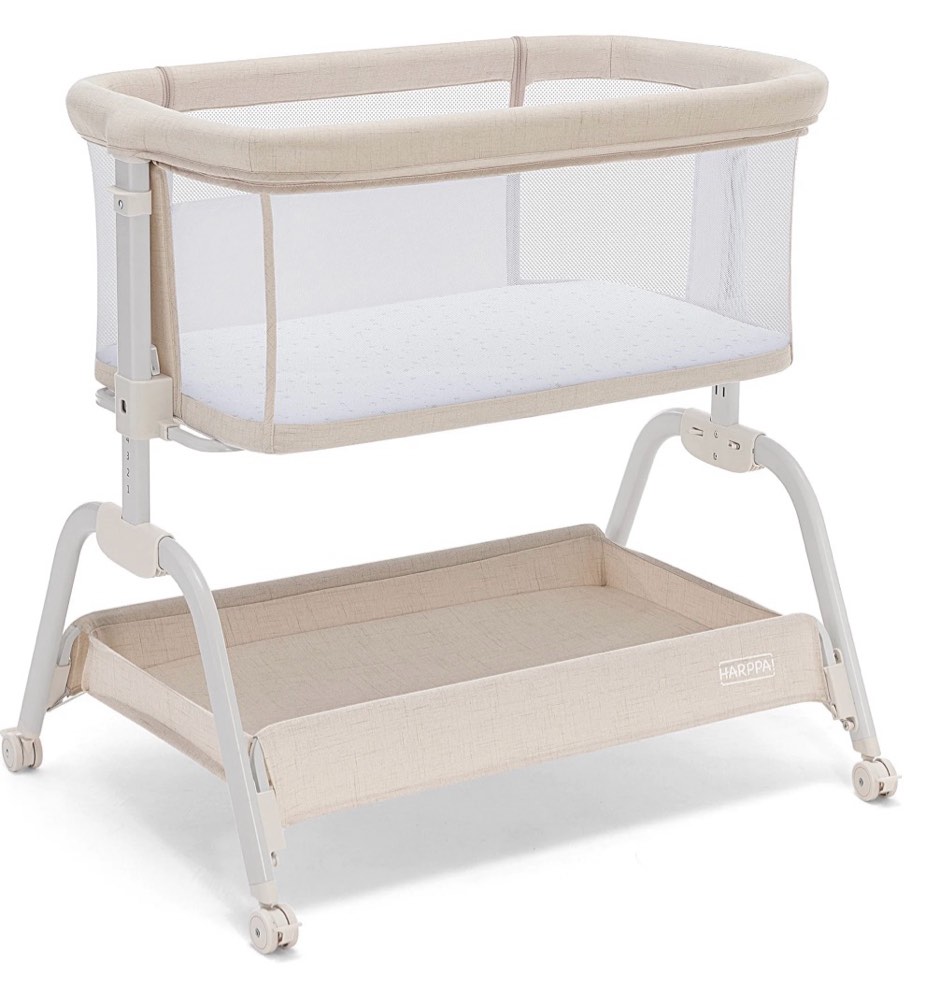 HARPPA Baby Bassinet, 6 Height Adjustable Baby Bassinet with Storage & Wheels for Infants, Beige