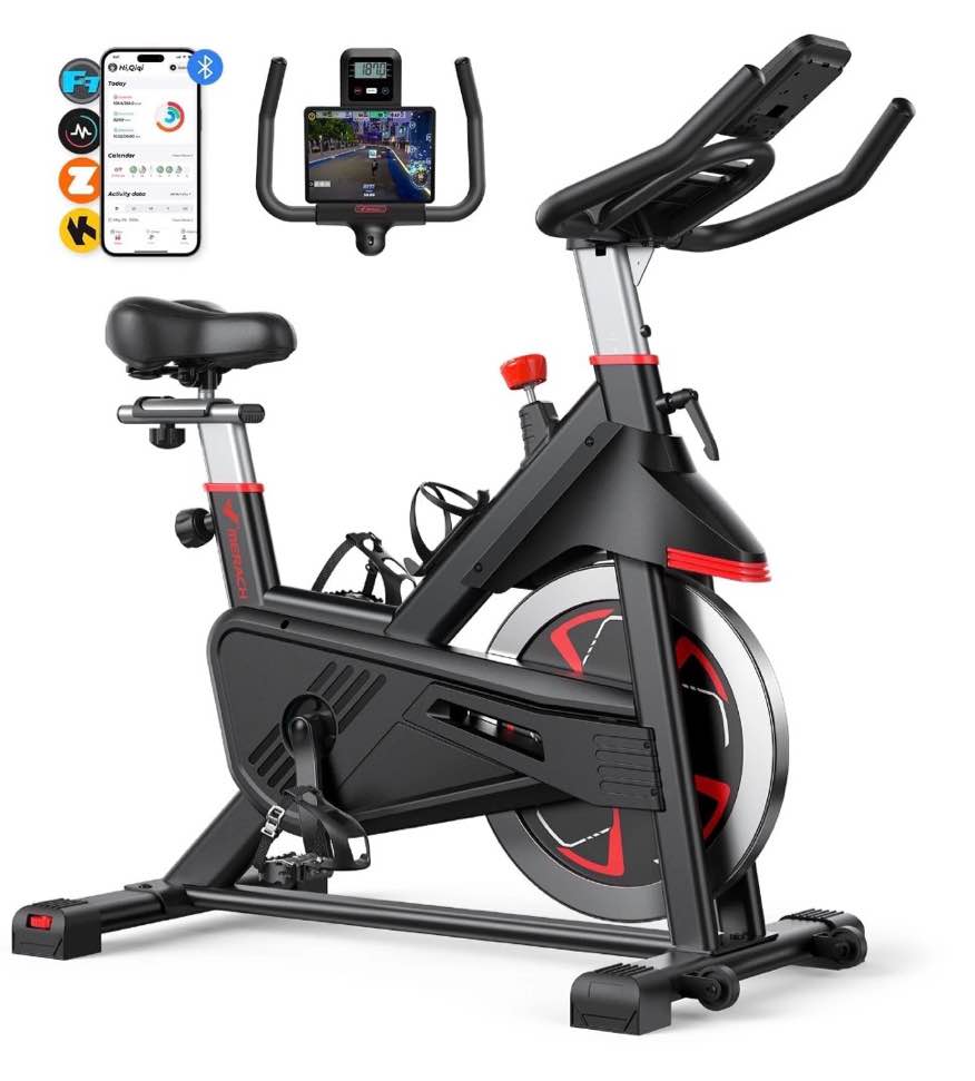 Merach Exercise Bike Indoor Cycling Bike Stationary 100 Resistance With Led Monitor Free App Silent Belt Drive And Comfortable Seat Cushion For Cardio