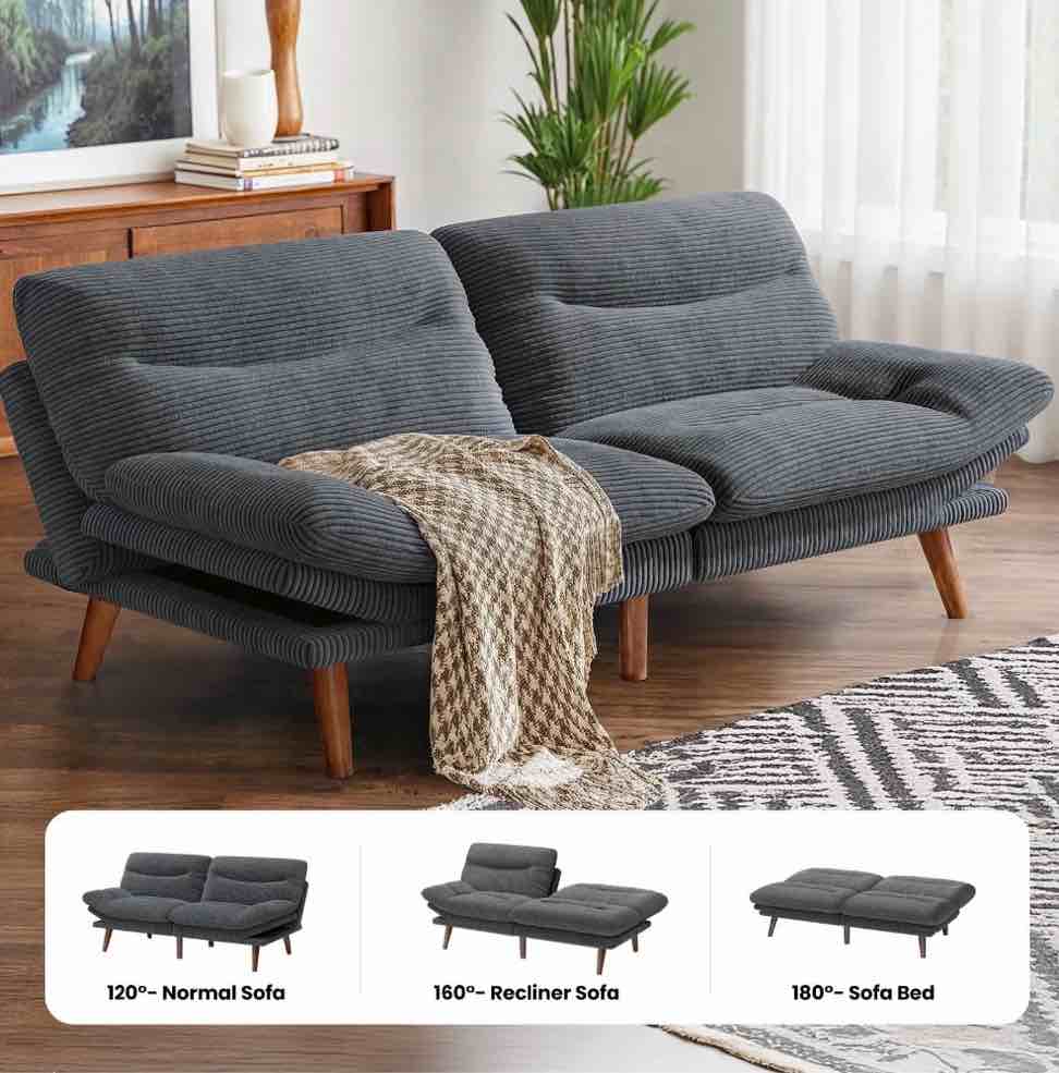 CHITOOMA 75" Corduroy Futon Sofa Bed, Gray Convertible Couch with Adjustable Backrest and 6-Level Armrests, Comfy Sleeper Sofa for Living Room, Apartment, or Office