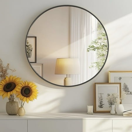 CONCETTA 30  Round Wall Mirror - Multi-Functional for Bathroom or Wall Hanging  Classic Black Frame  Gift for Mother s Day