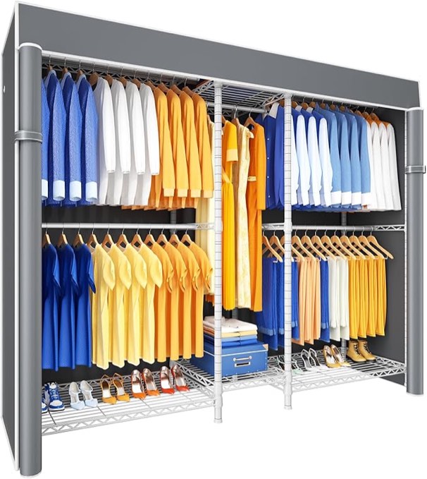 Ulif E12C Heavy Duty Closet Organizer System - Adjustable Garment Rack with Dustproof Cover, 960lbs Capacity Freestanding Clothing Rack (71"W x 76.5"H, Black/Grey)