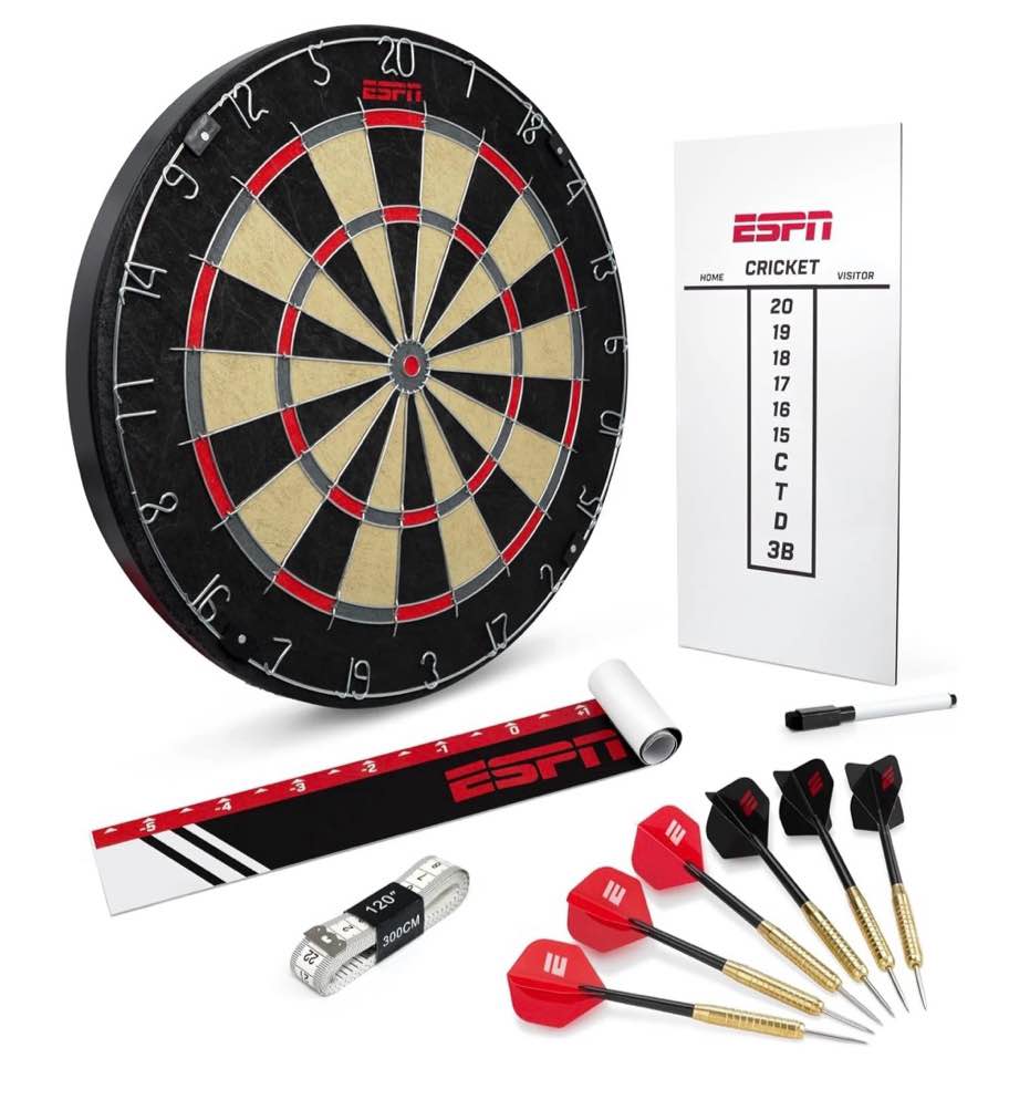 ESPN Dart Board Includes 6 Steel Tip Darts  Bristle Dartboard with Radial Spider Wire and Staple Free Bullseye