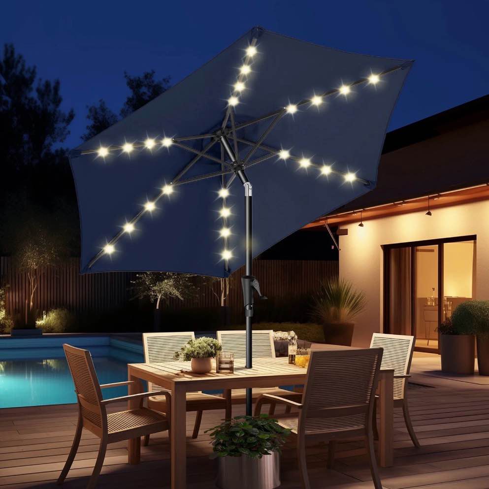 7.5ft solar polyester 18 led lighted patio umbrella with tilt adjustment and uv-resistant fabric,for garden,deck,backyard,pool and beach