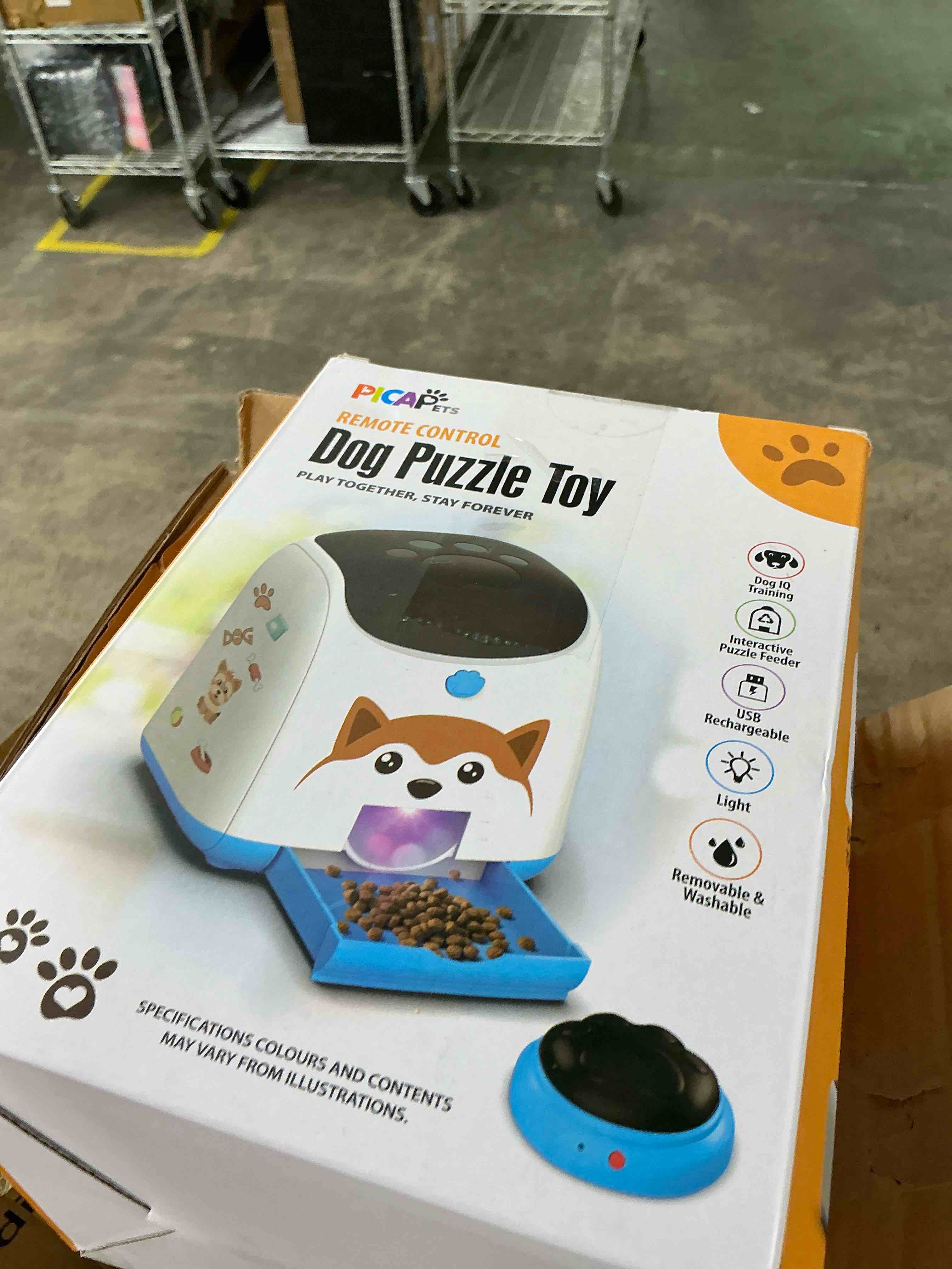 Condition photo showing As Is for dog puzzle feeder toy – remote control automatic treat dispenser with light, interactive iq training slow feeder, large capacity for all dog breeds blue