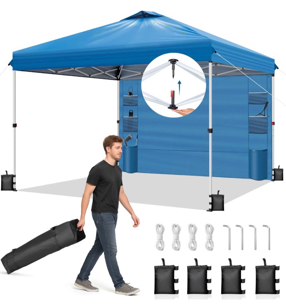Condition photo showing New/Like New for ktaxon 10x10 ez pop up canopy tent outdoor sun shade shelter outdoor gazebo one push setup with pockets sidewall 1 roller bag 4 sandbags upf50+ - blue