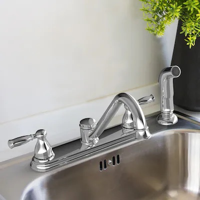 Condition photo showing Good Condition for project source brice chrome single handle deck-mount kitchen faucet (includes deck plate) (includes side sprayer)