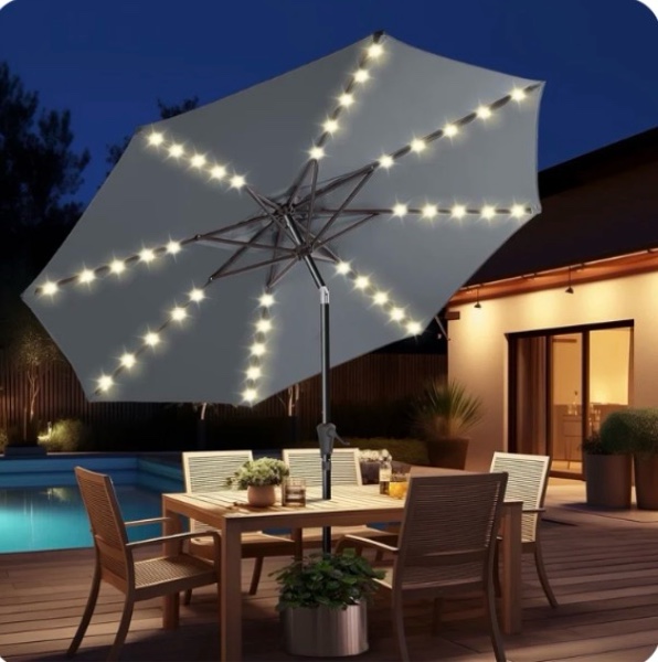 Condition photo showing New/Like New for 9ft solar polyester 32 led lighted patio umbrella with tilt adjustment and uv-resistant fabric,for garden,deck,backyard,pool and beach