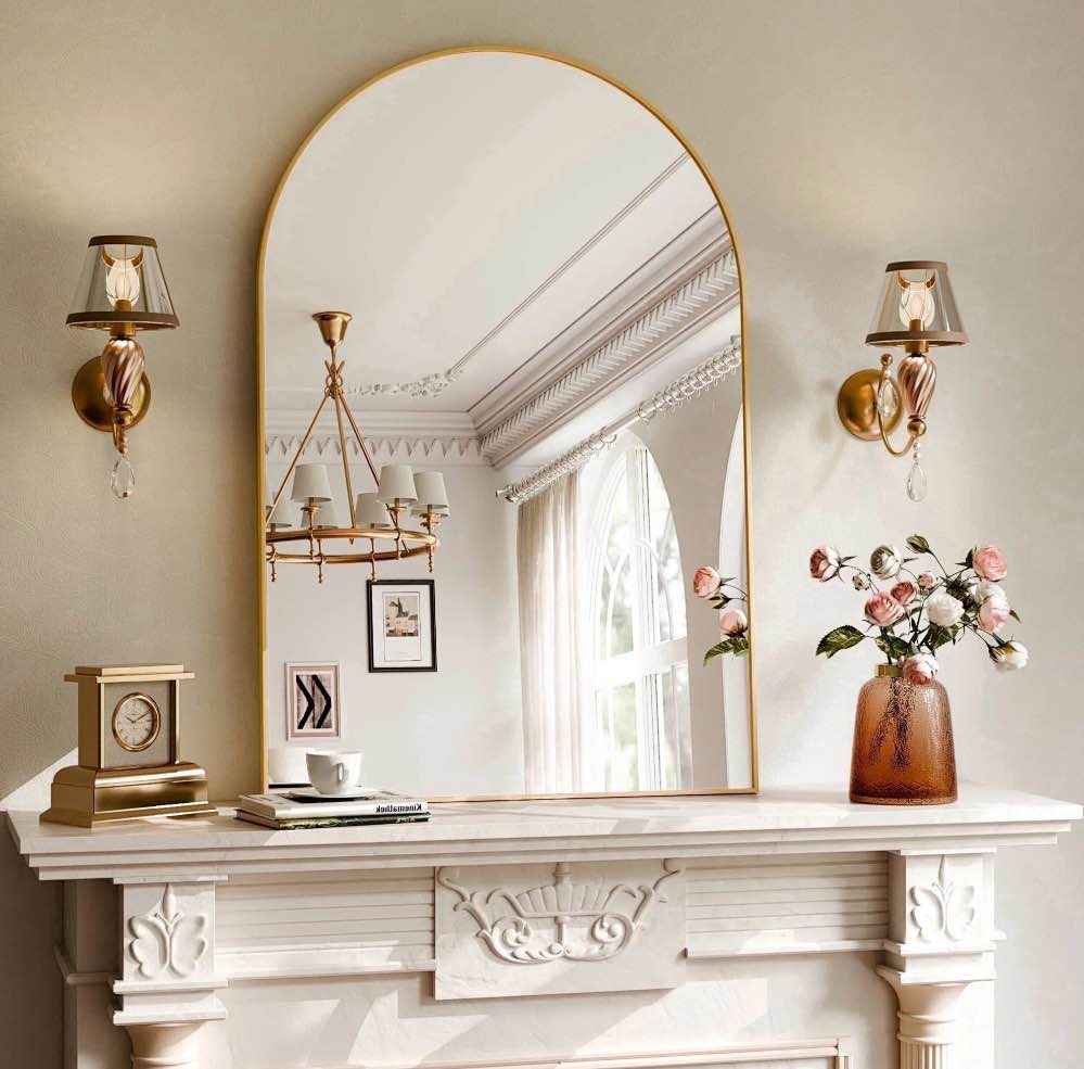 yvanla 36 x24  arched bathroom mirror wall mounted mirror with aluminum alloy frame  gold