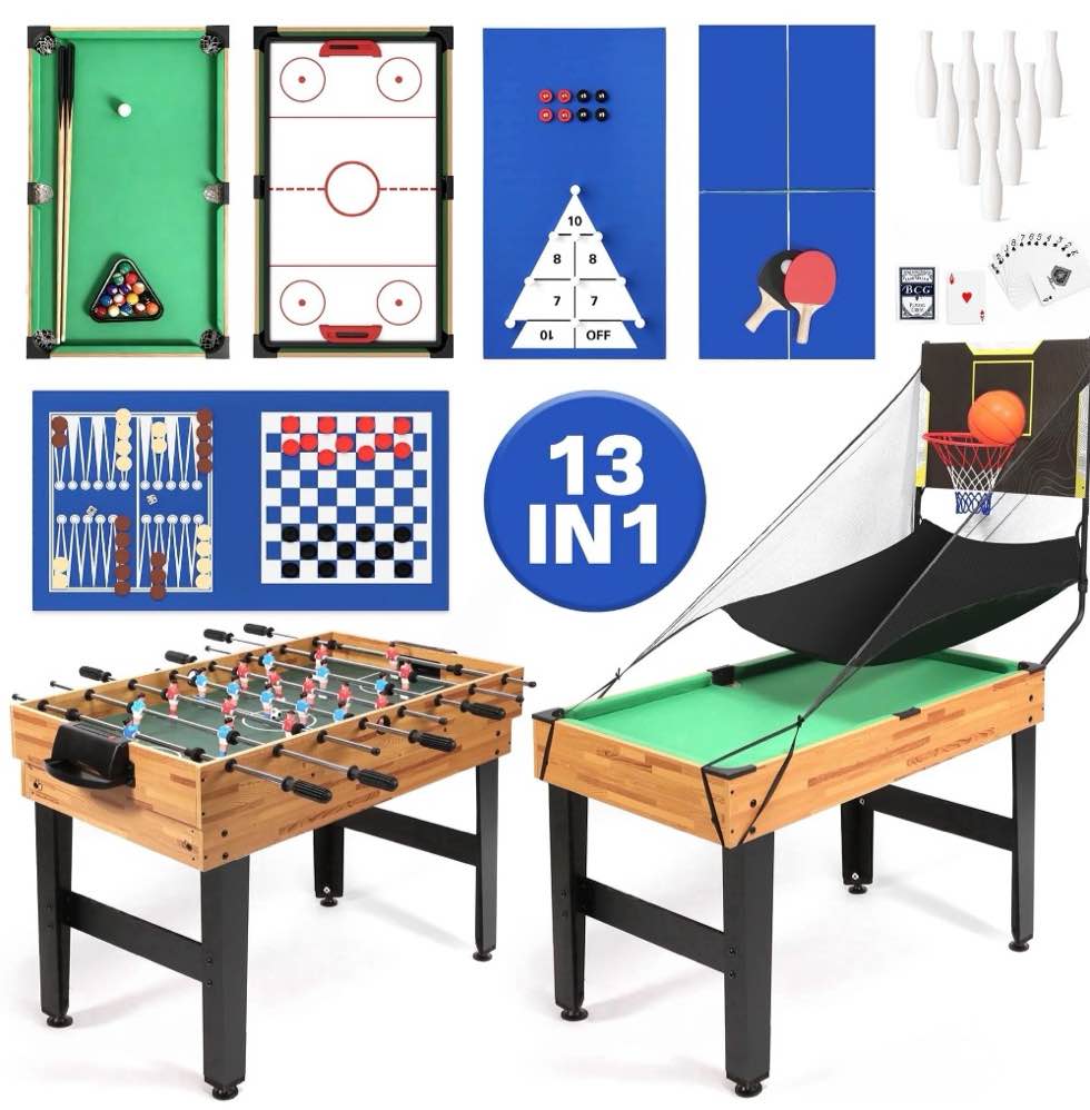 gvdv 13-in-1 multi game table,48"combo game table with basketball,foosball,billiards,shuffleboard,bowling,table tennis,chess and more for game room