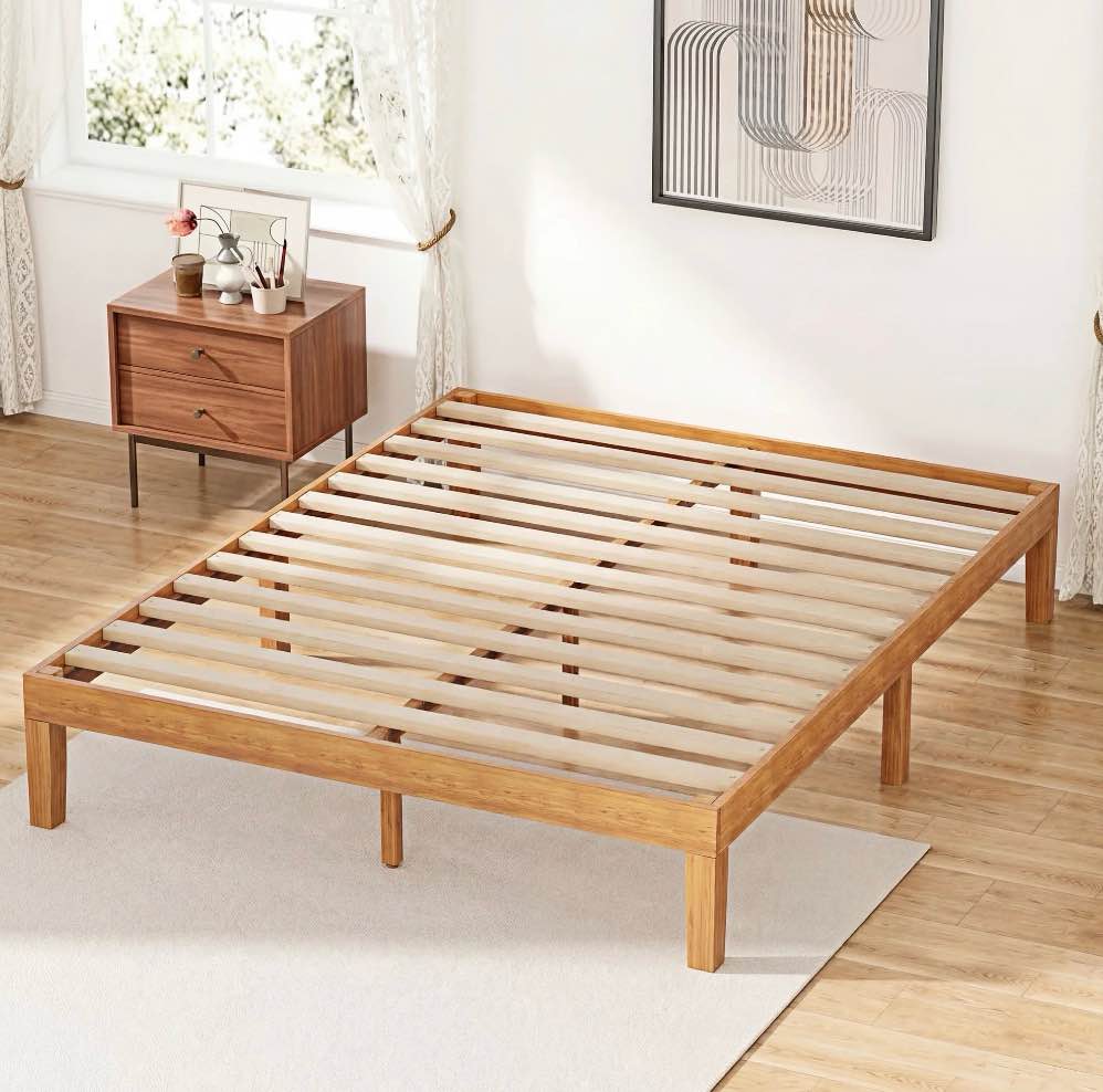 concetta 12 inch queen natural pine platform bed frame, wood slat support, no box spring required