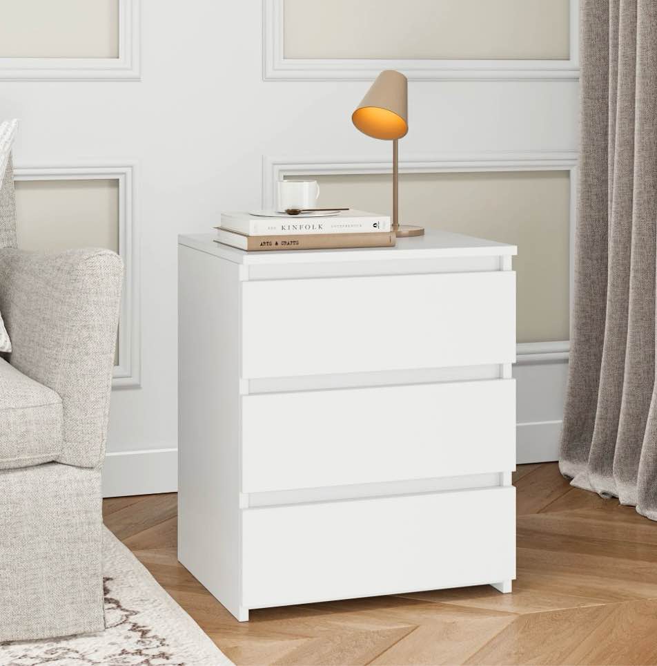 homfa white nightstand with 3 drawers, sofa table for living room, modern wooden storage cabinet for bedroom 1 pc