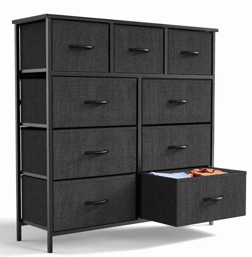 edx 9 drawer fabric dresser for bedroom, chest of drawer organizer storage cabinet for closet, entryway, black