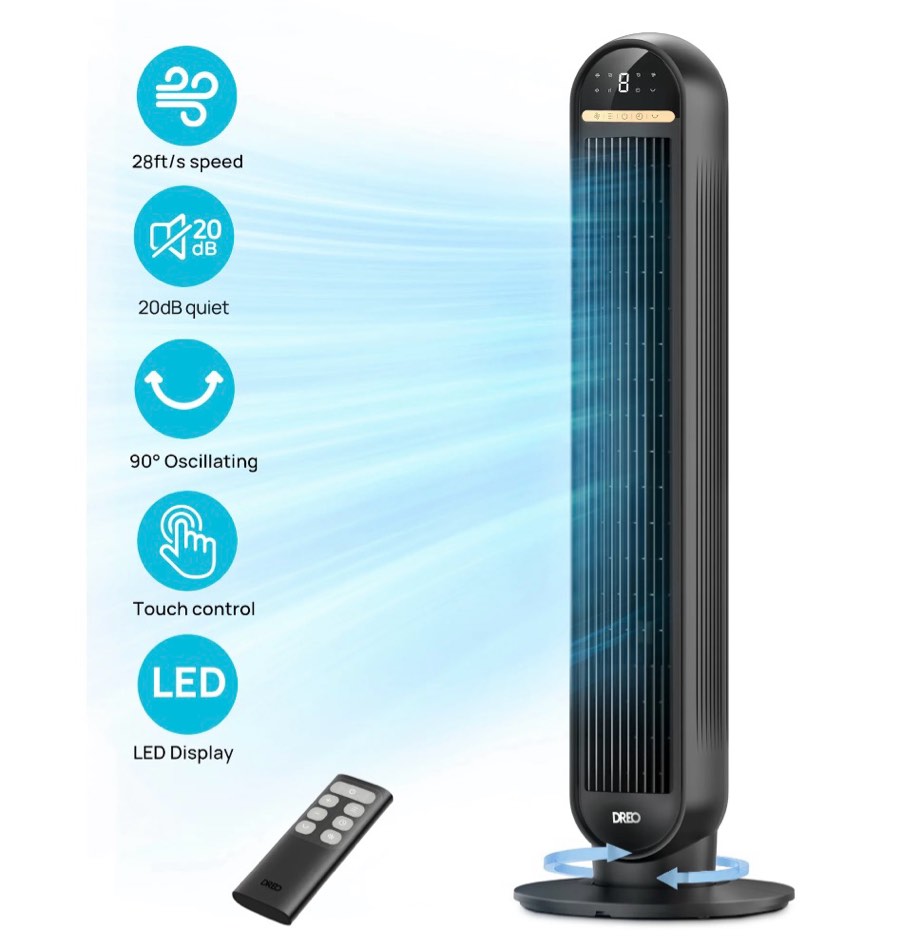 dreo 36 tower fan 20db ultra quiet fans for home 8 speeds & 4 modes 28ft/s powerful airflow 90° oscillating standing fan , 8h timer 2026 new upgraded
