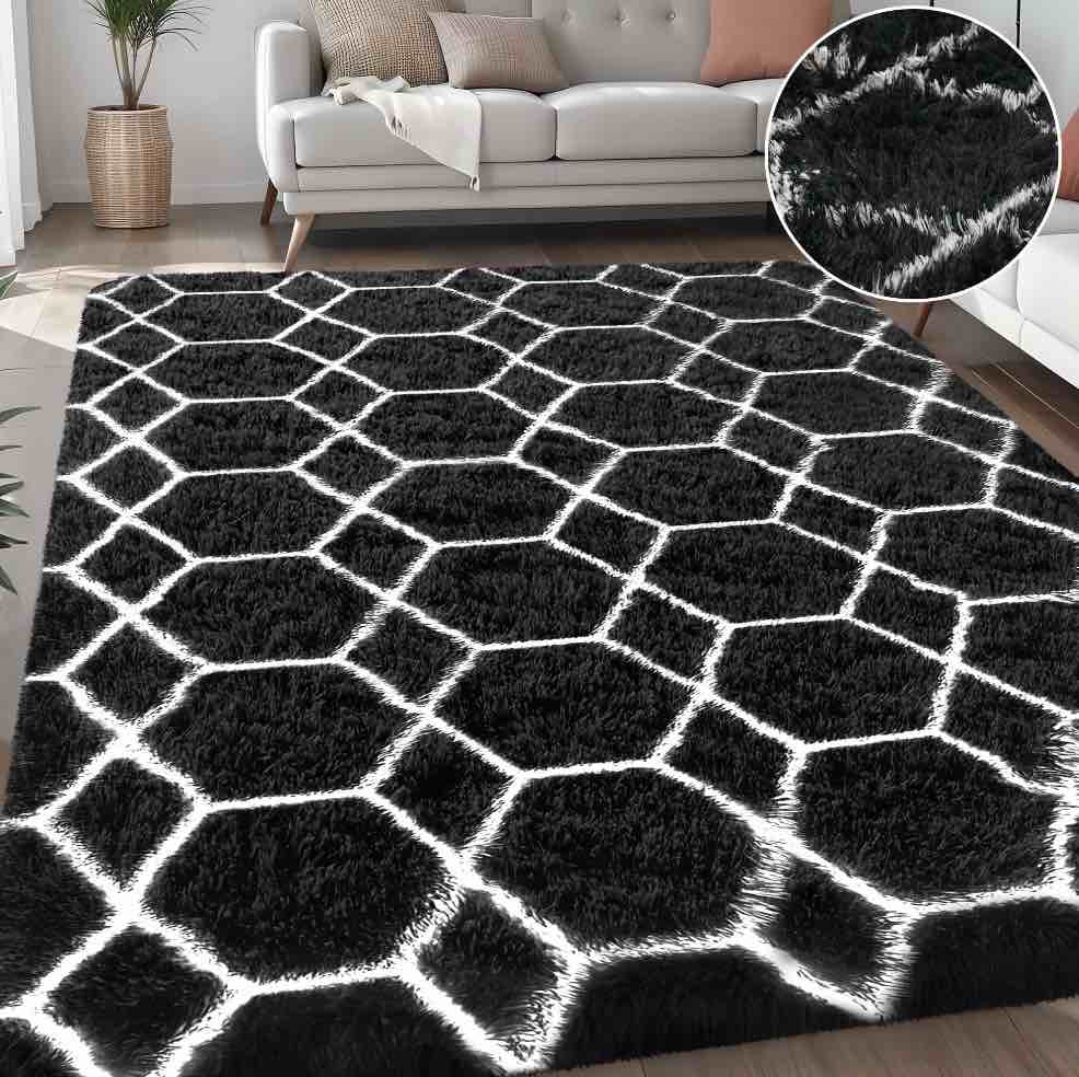 nefoso shag geometric area rug, 8ft x 10ft soft fluffy area rugs for living room bedroom decor carpet, black & white