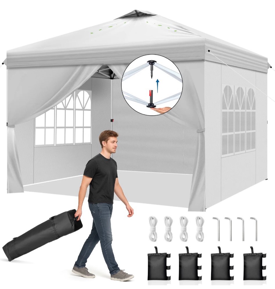 ktaxon 10x10 ez pop up canopy tent outdoor sun shade shelter outdoor gazebo one push setup with sidewalls 1 roller bag 4 sandbags upf50+ - white