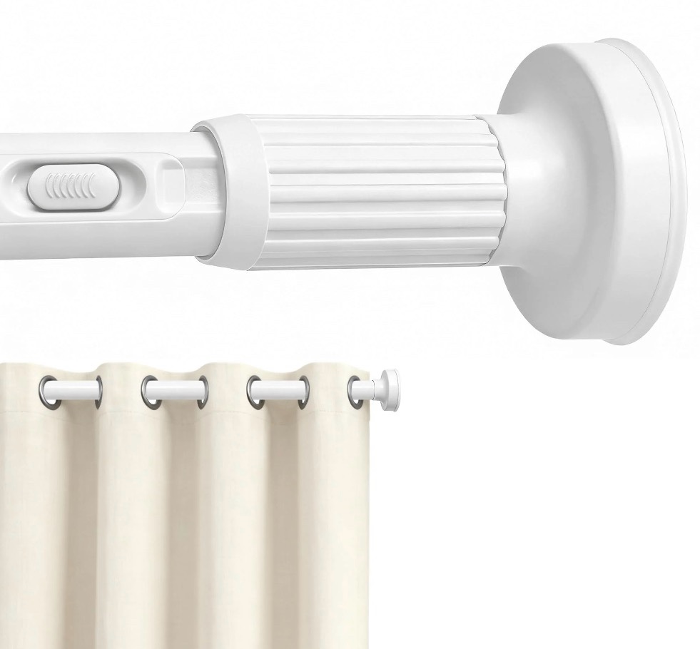 vegcoo one-click tension curtain rod, no drill adjustable spring rod, 39-122 inches extra long, rustproof steel for patio outdoor bathroom window, white