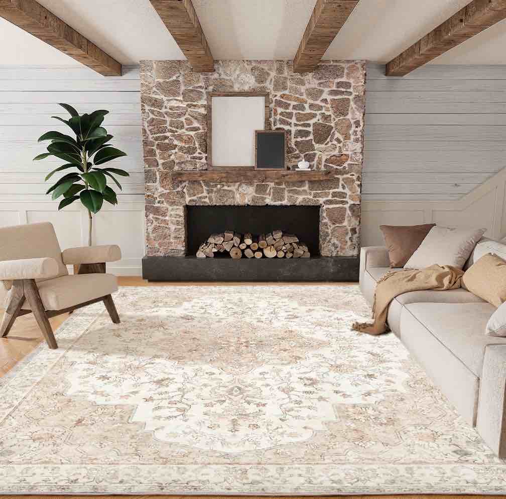 CHITOOMA 8 x10  Boho Area Rugs for Living Room  Machine Washable Floral Area Rug with Non-Slip Backing  Stain Resistant Non-Shed Carpet for Bedroom  Dining Room  Dorm  Office