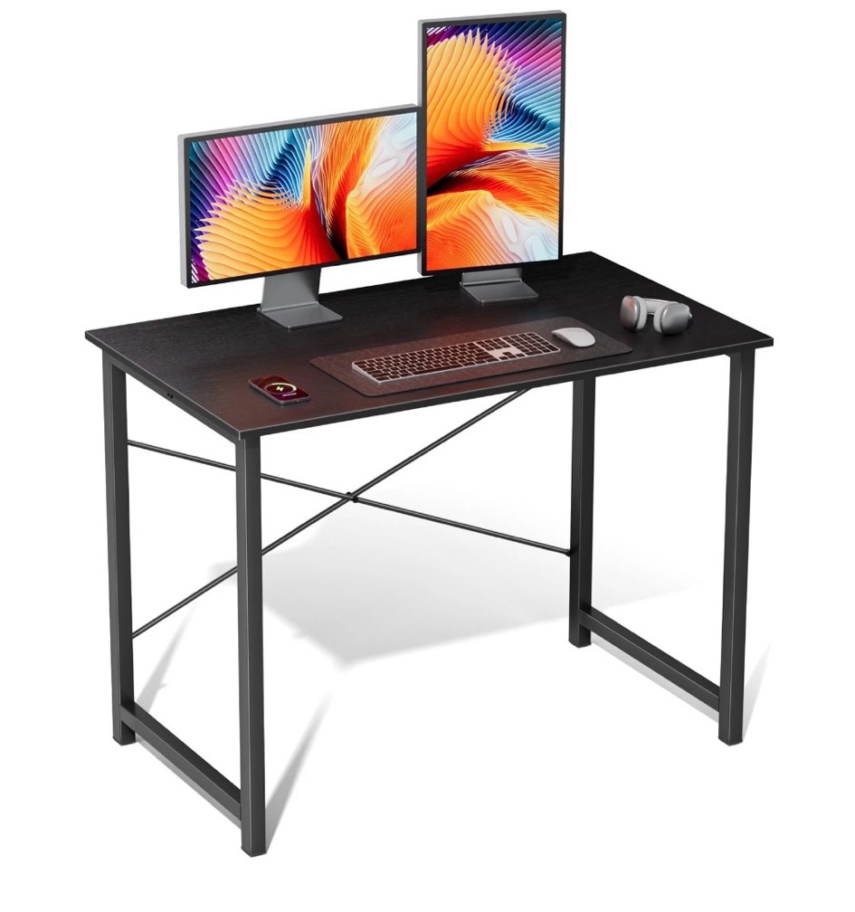 EDX Small Computer Desk 40 Inch Writing Desk with Storage Bag Iron Hook Metal Frame for Home, Black