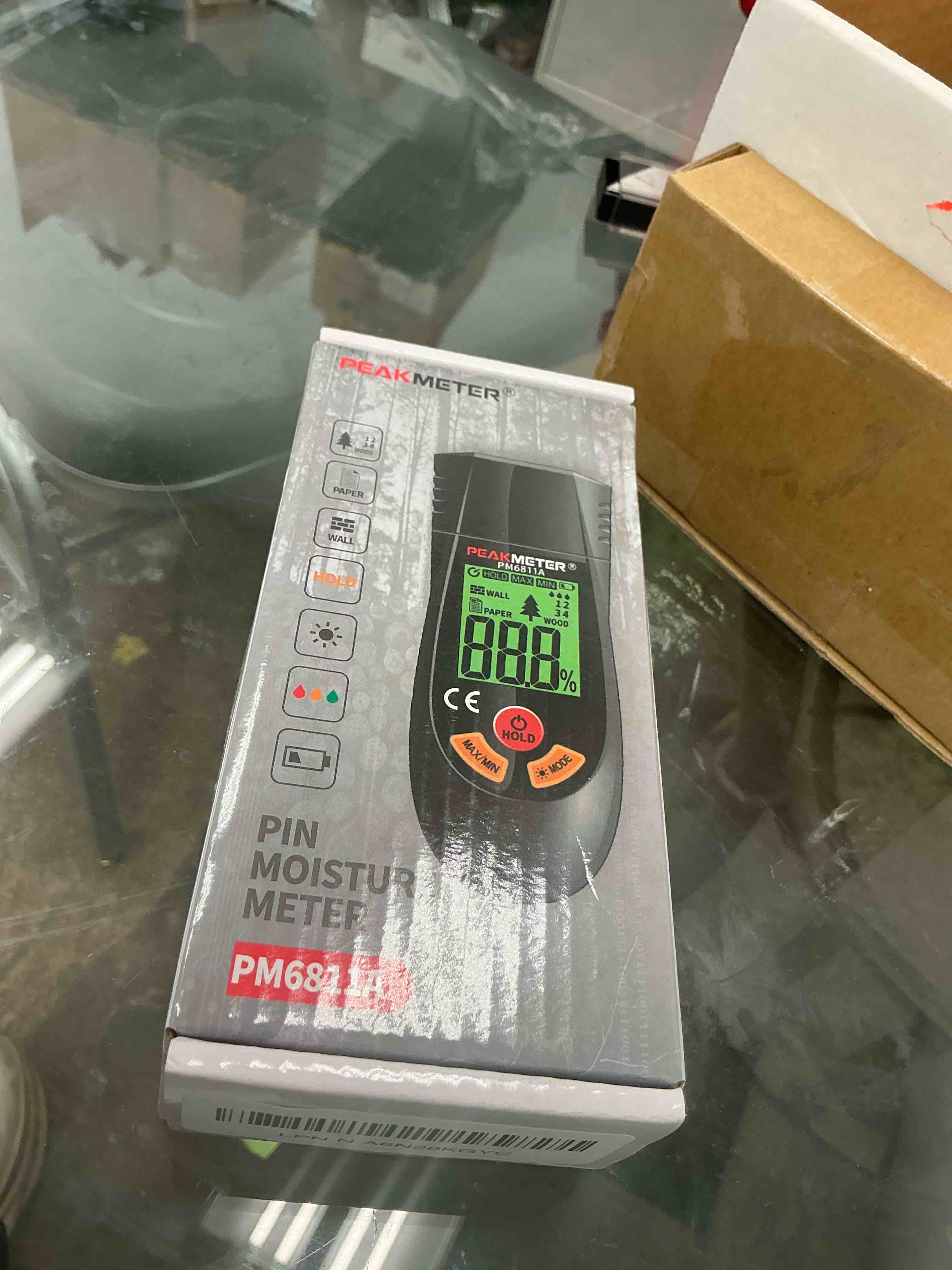 Condition photo showing Good Condition for Wood Moisture Meter, with battery and LCD display, suitable for quick determination of moisture content of many types of logs, paper, plywood, plaster walls, floor coverings, etc.