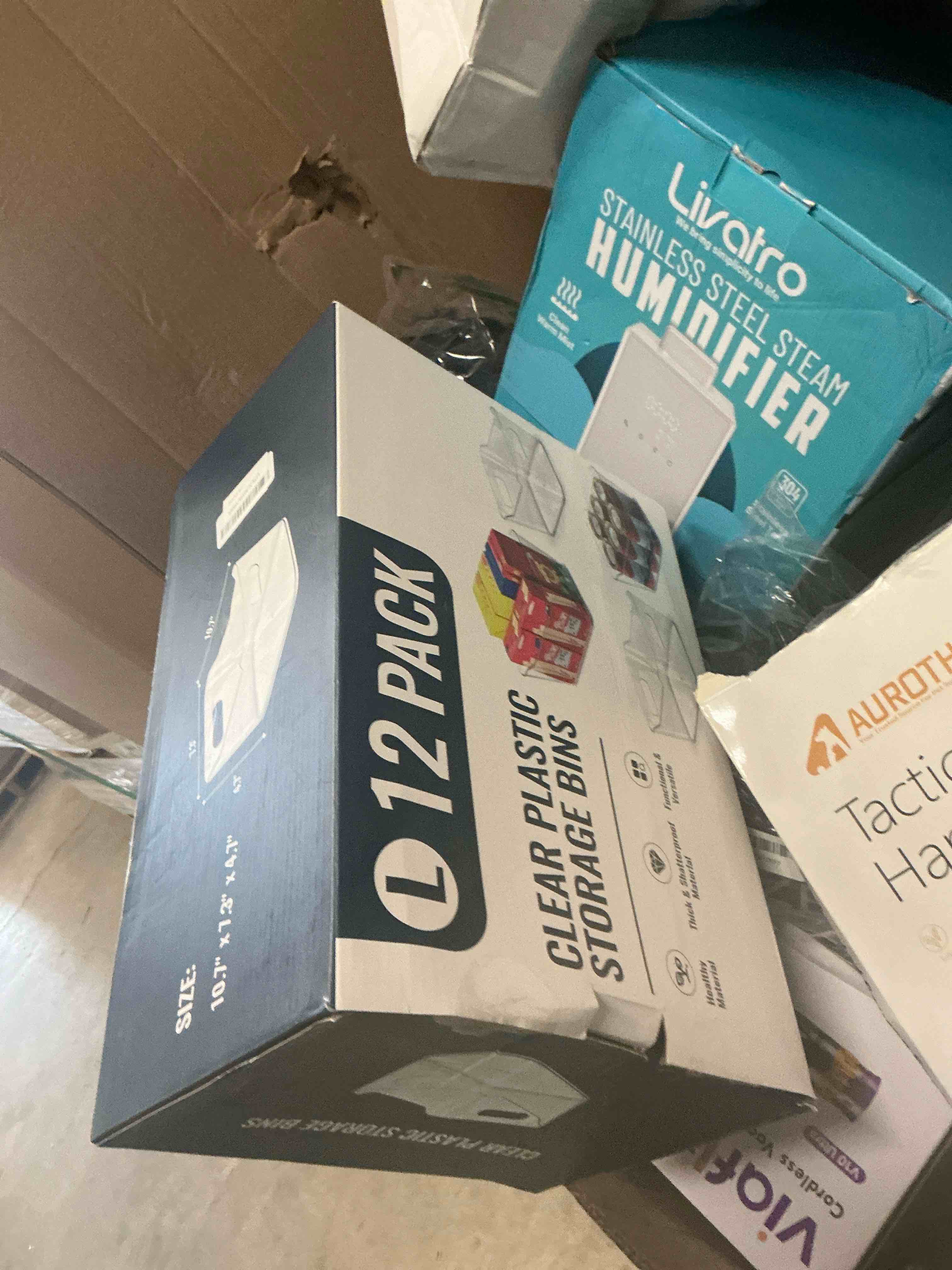 Condition photo showing Good Condition for 12 PACK Multi-Use Clear Plastic Storage Bins for Organizing w/Labels - Home, Kitchen, Pantry, Bathroom, Office, Cabinet Shelf Organizer Bins - SOHO Collection, RV, Fridge Organization Containers - L Large