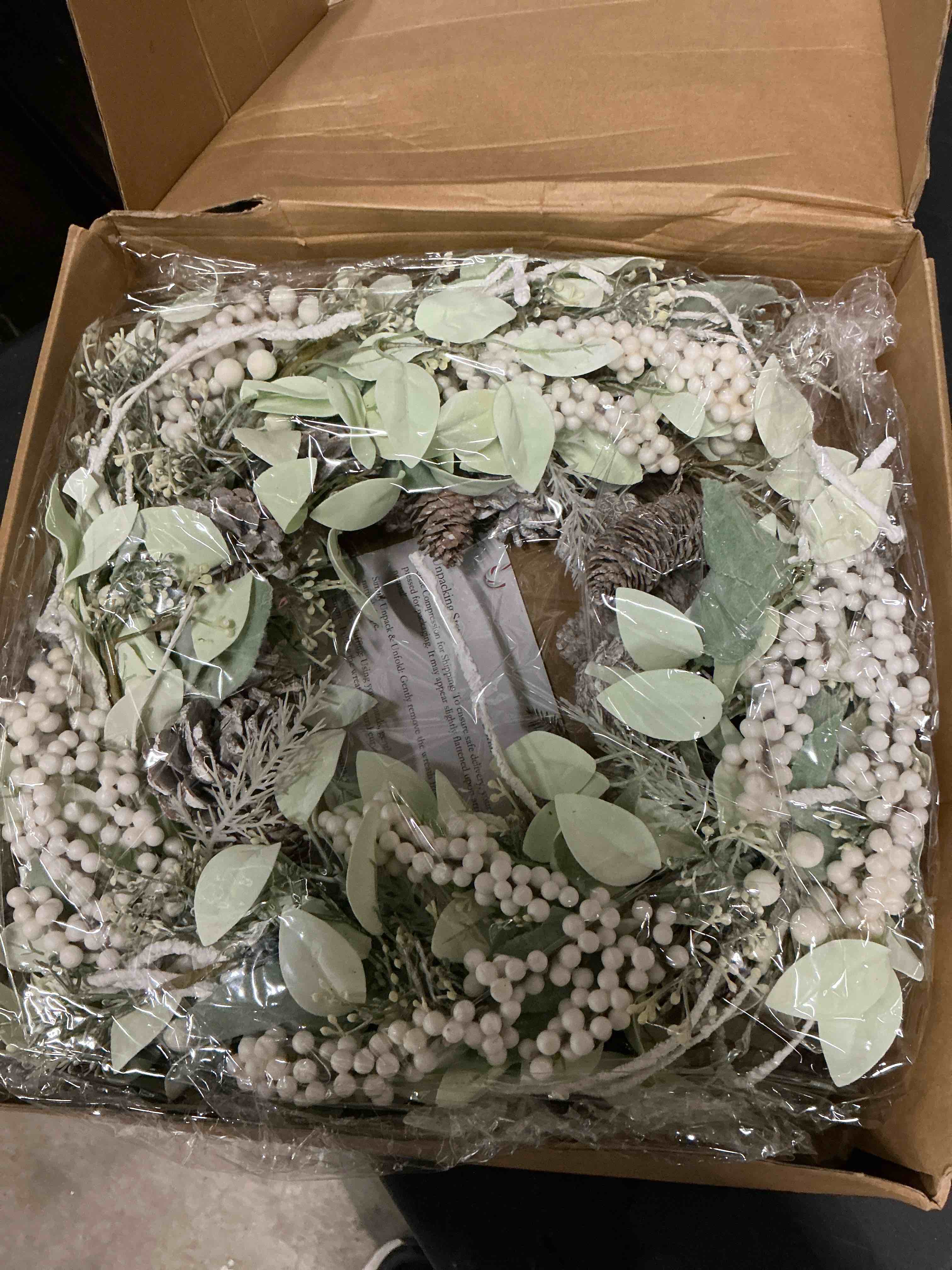 Condition photo showing New/Like New for 24 Inch Summer Spring Ivory Flowers Wreath for Front Door, Everyday Lamb Ears Leaves Wreath with White Artificial Flower for Indoor and Outdoor, Rustic and Farmhouse Greenery Flower