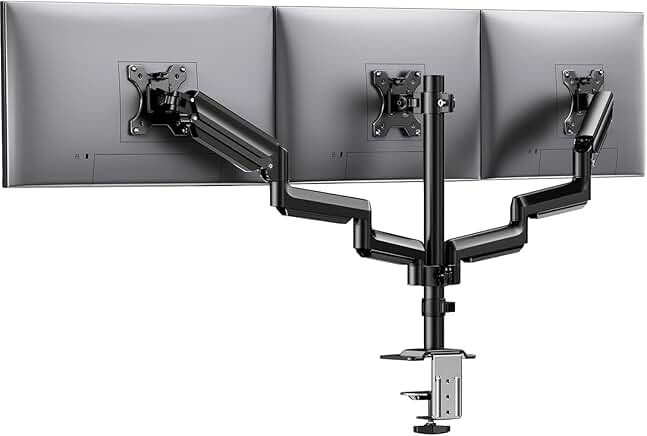 HUANUO Triple Monitor Mount for 13-27 inch Computer Screens, Gaming 3 Monitor Desk Mount with Arm Holds 19.8lbs, Triple Monitors Stand with Tilt, Swivel, Rotation, VESA 75x75, 100x100mm