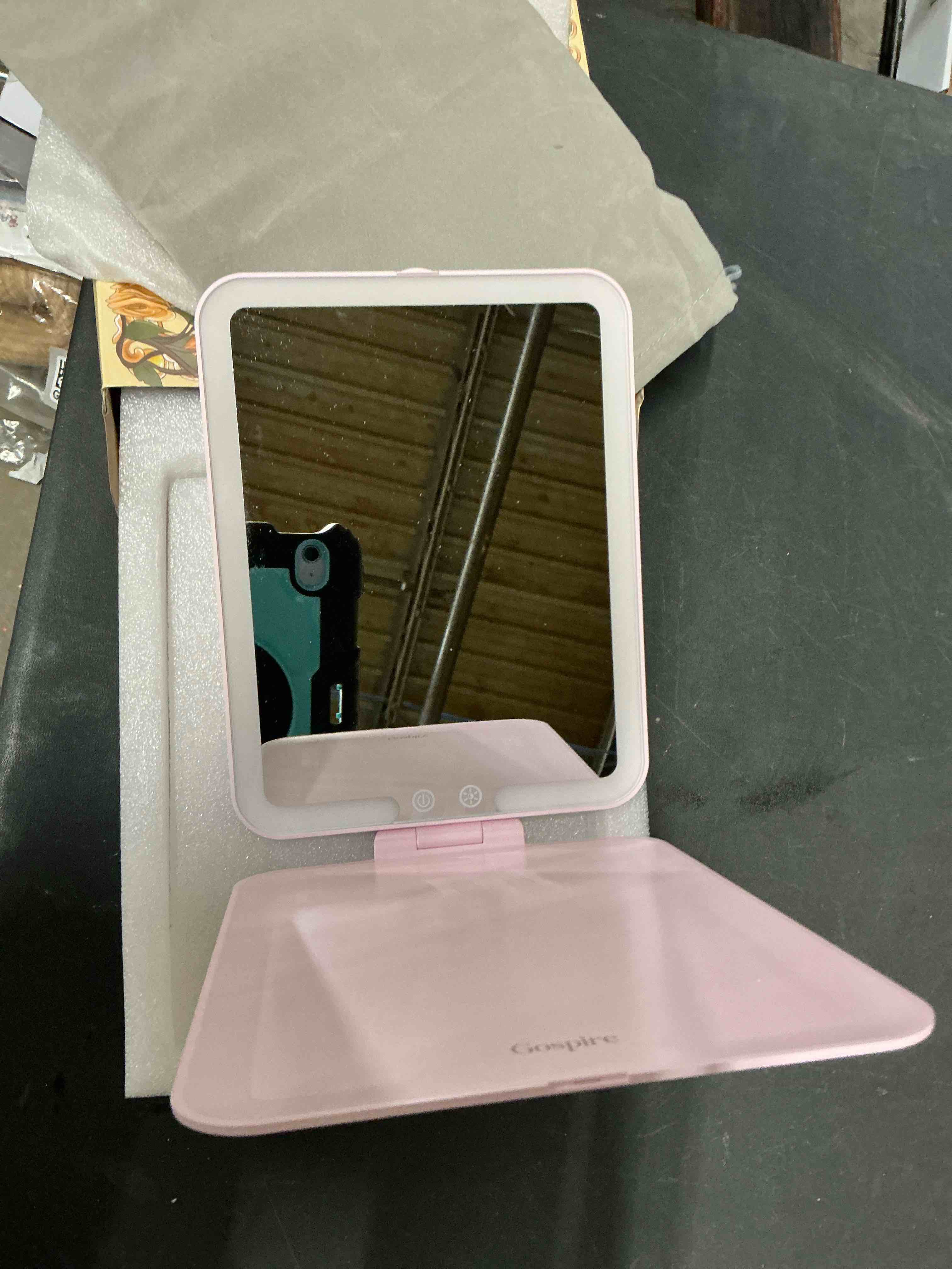 Condition photo showing New/Like New for Gospire Travel Makeup Mirror with Lights and Magnification 10X, Portable Make Up Compact Tabletop Mirror with Adjustable Stand, 3 Colored Lights Rechargeable Lighted LED Vanity Mirror - Pink