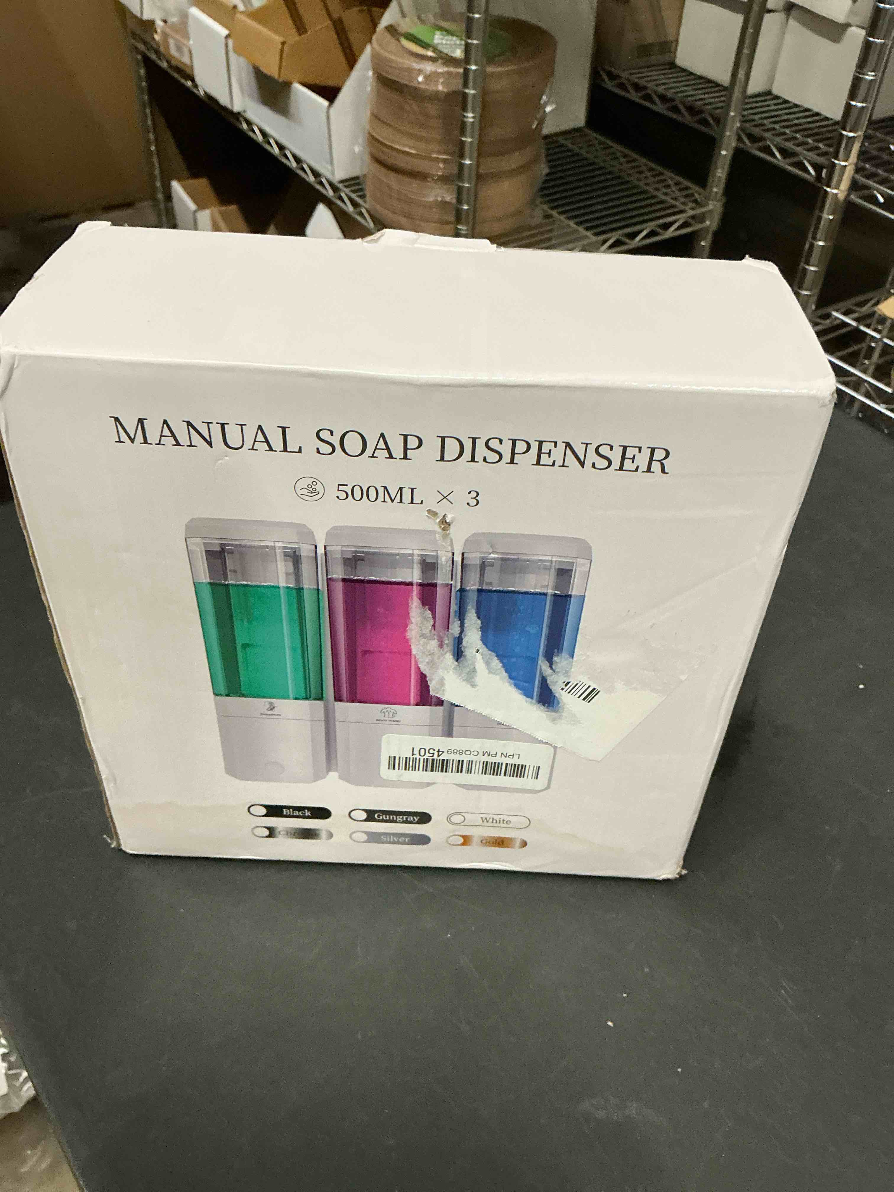 Condition photo showing New/Like New for Shampoo and Conditioner Dispenser,Shower Dispenser 3 Chamber No Drill Shampoo Dispenser for Shower Wall Mounted Shower Soap Dispenser for Bathroom Hotel,Large Capacity 3 * 500ML,Gold Glod 3 Chamber