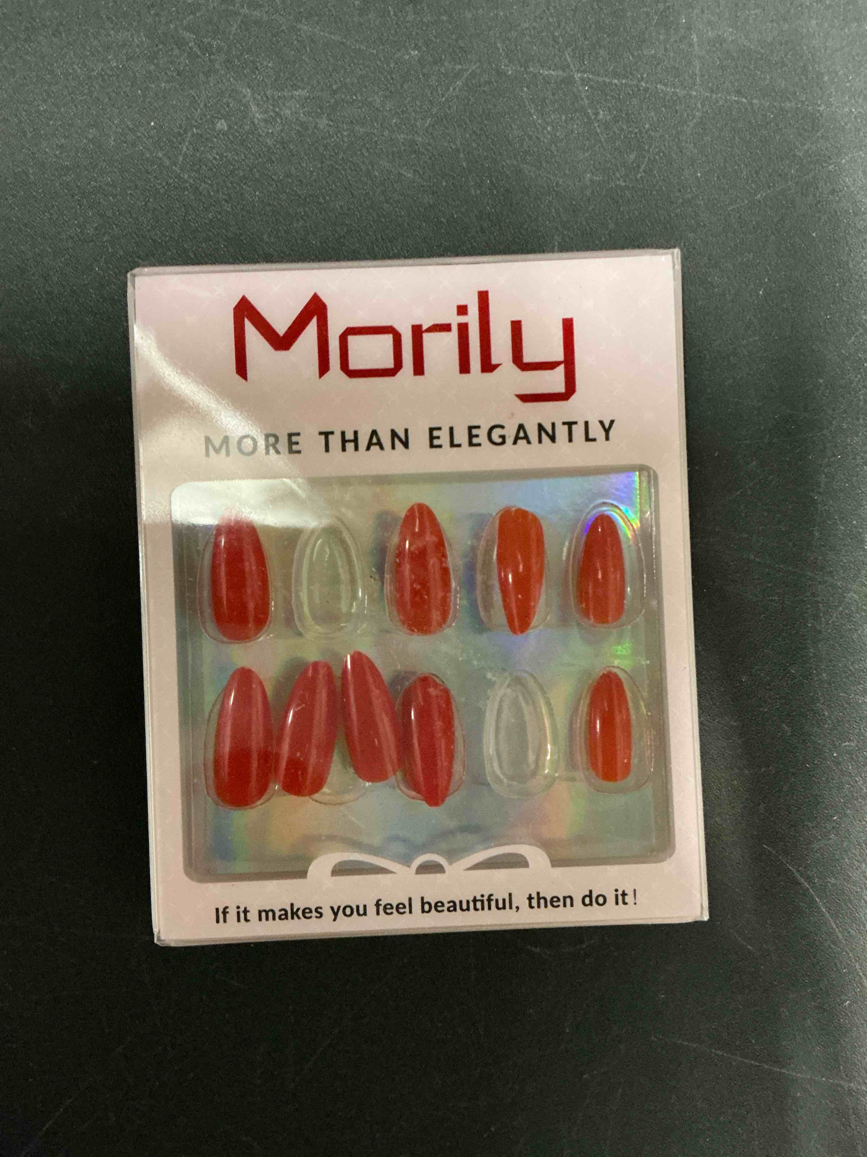 Condition photo showing Good Condition for Morily Red Press on Nails, 30Pcs Short Almond Fake Nails Glossy Acrylic False Nails Reusable Full Cover Stick on Nails for Women, 15 Sizes, Thicker Fingertips Red Short Almond
