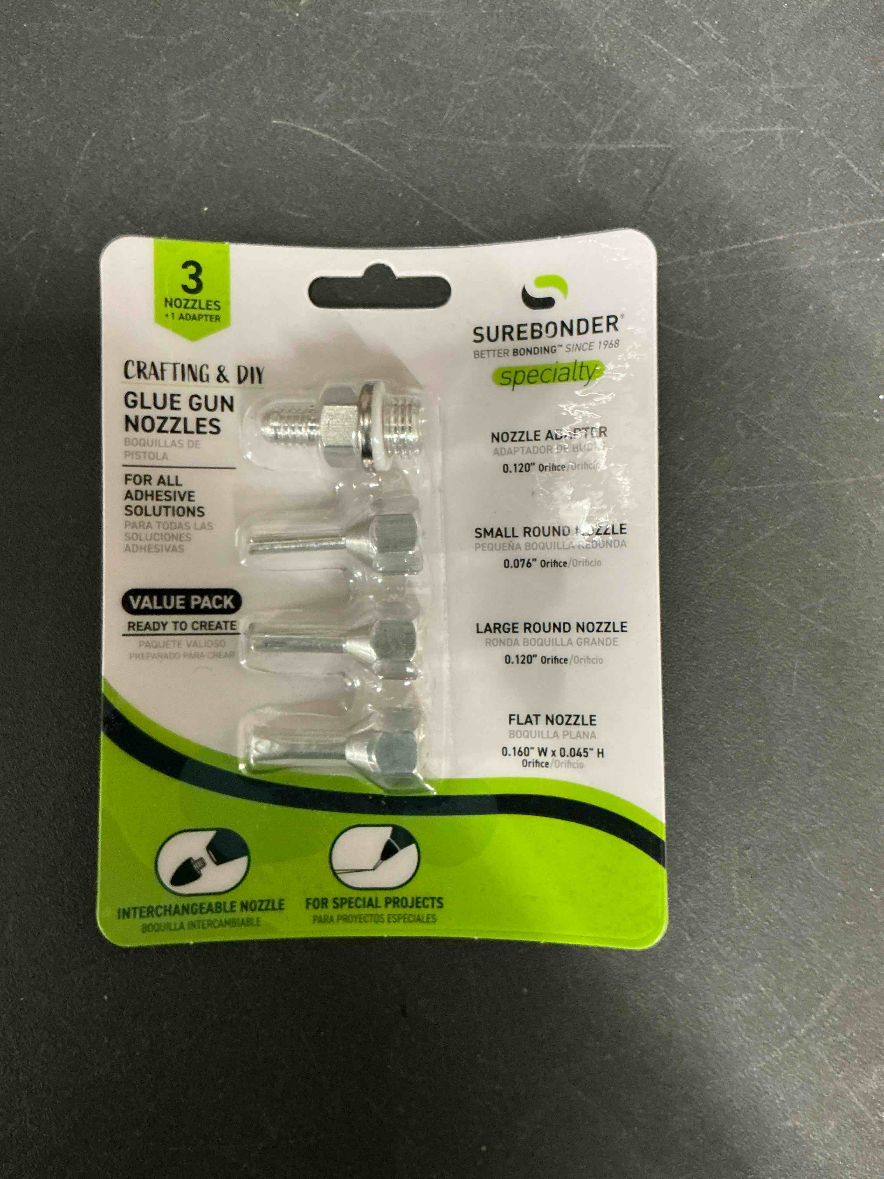 Condition photo showing New/Like New for Surebonder Interchangeable Hot Glue Gun Nozzles - 4 Pack Includes Adapter, Small & Large Round Nozzles, Flat Nozzle - Made of Aluminum for Durability & Smooth Glue Flow