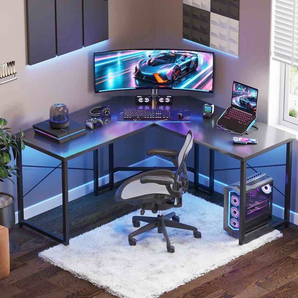 Casacomoda Computer Desk L Shaped, 51 Inch Reversible L Shaped Desk, Gaming Desk, Home Office Desk, Carbon Fiber Black