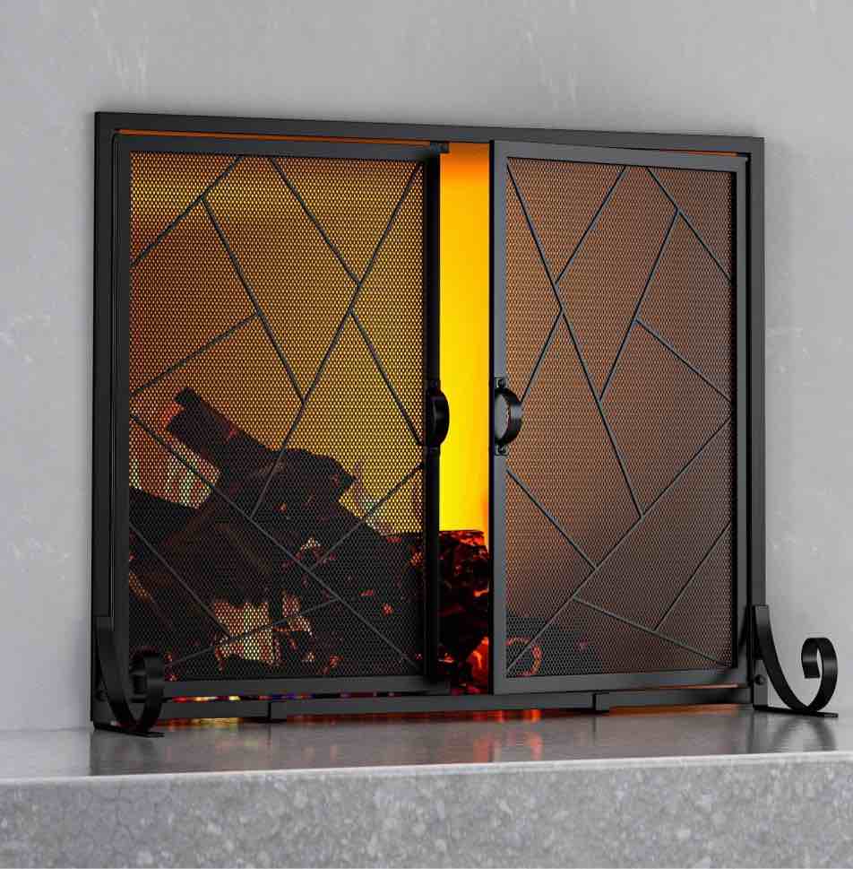 Fire Beauty Fireplace Screen with Hinged Doors Cast Iron Border Sturdy Steel Frame Durable Metal Mesh Decorative Spark Guard Black Finish(Middle)