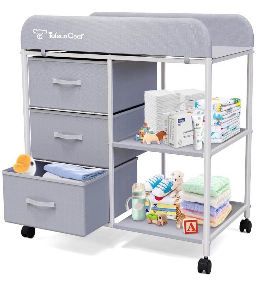 G TALECO GEAR Baby Changing Table, Portable Diaper Changing Station with Wheels, Nursery Organizer for Newborn and Infant, Light Gray