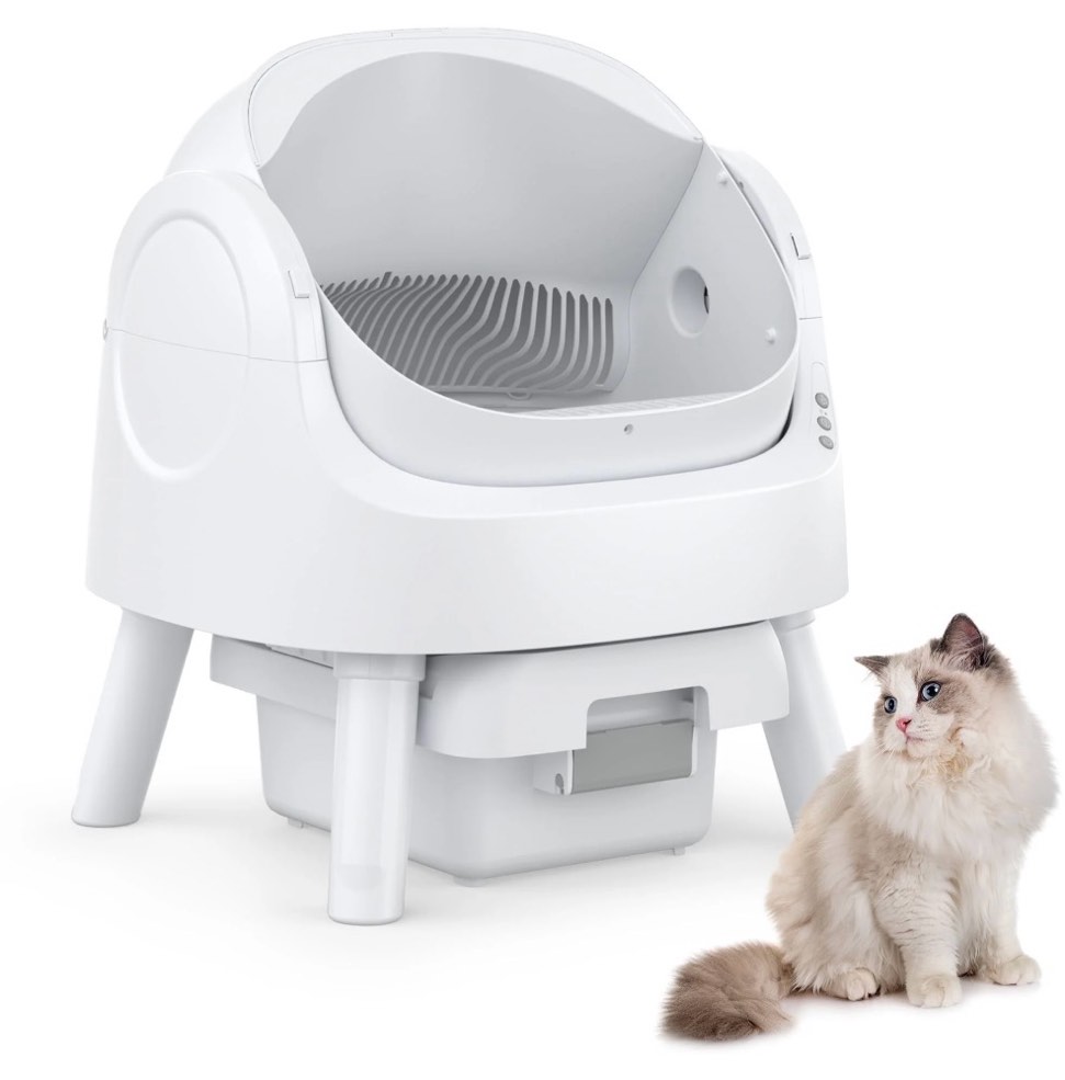 PetPivot Automatic Cat Litter Box Self-Cleaning with Safety Protection, Mat and Trash Bags Included, White