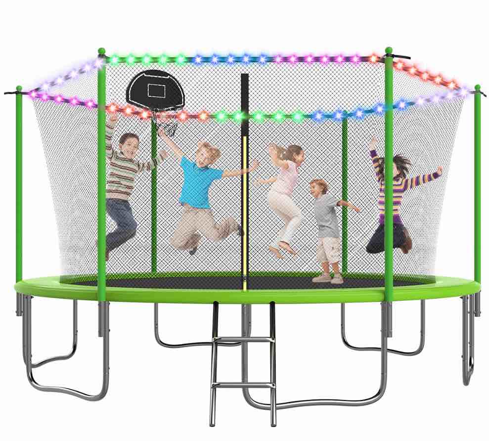 Ovatoys 1400LBS 14FT Trampoline for Adults and Kids,Trampoline with Enclosure,Basketball Hoop, Light,Recreational Trampoline with Ladder, Heavy Duty Trampoline Capacity for 6-7 Kids