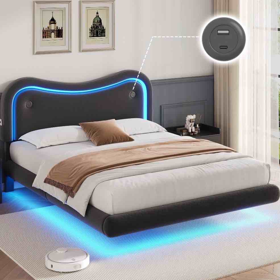 Anyact Full Size Floating Bed Frame with Led & Charging Station, Velvet Upholstered Bed Frame with Floating Metal Platform Bed, Black