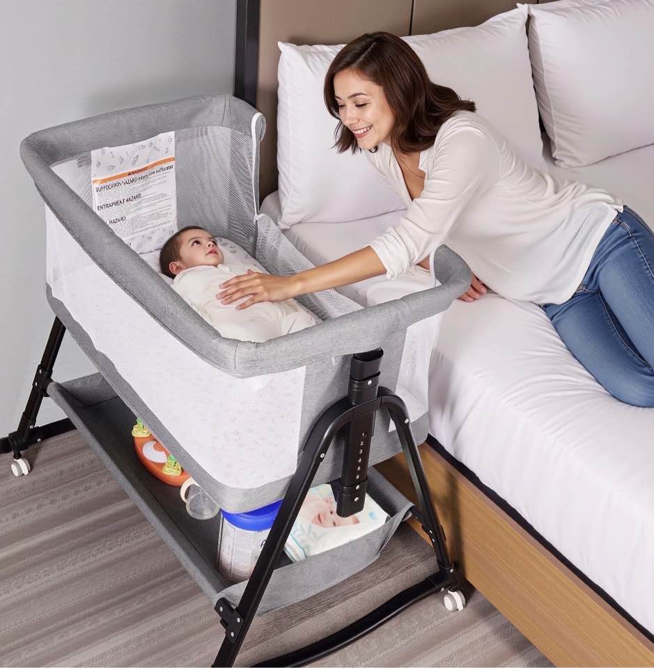 SACVON Baby Bassinet Bedside Sleeper, 6 adjustable height settings, compatible with adult beds, suitable for babies under 12 months, unisex (Gray)