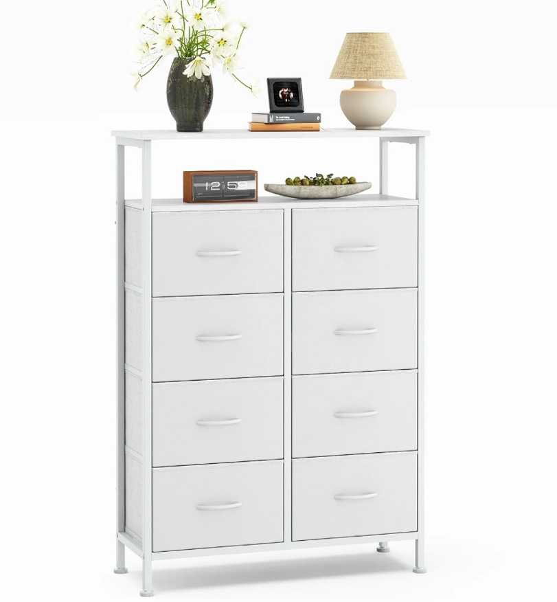 Condition photo showing Good Condition for CONCETTA 8-Drawer Fabric Storage Cabinet, Open Shelf, 45.9-inch Tall Organizer for Bedroom Closet Organization, Living Room, Hallway, White