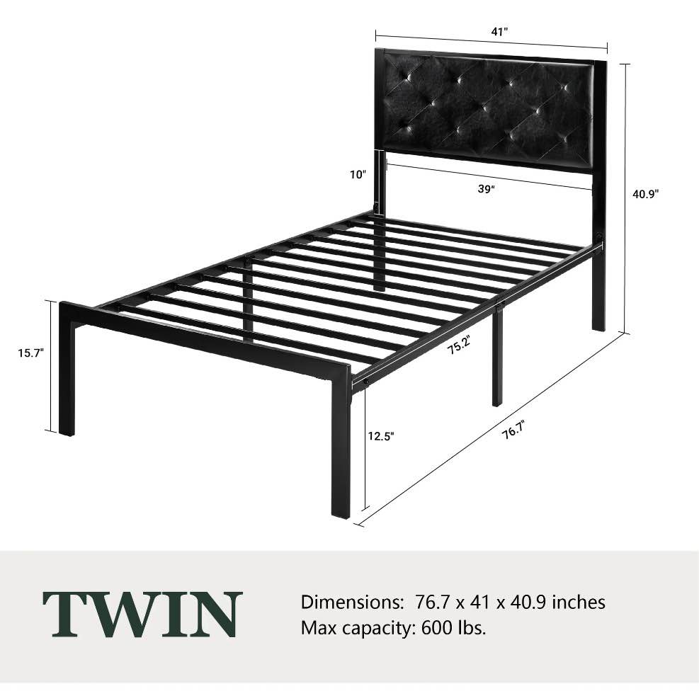Condition photo showing New/Like New for Amolife Twin Size Metal Bed Frame with Faux Leather Headboard, Black