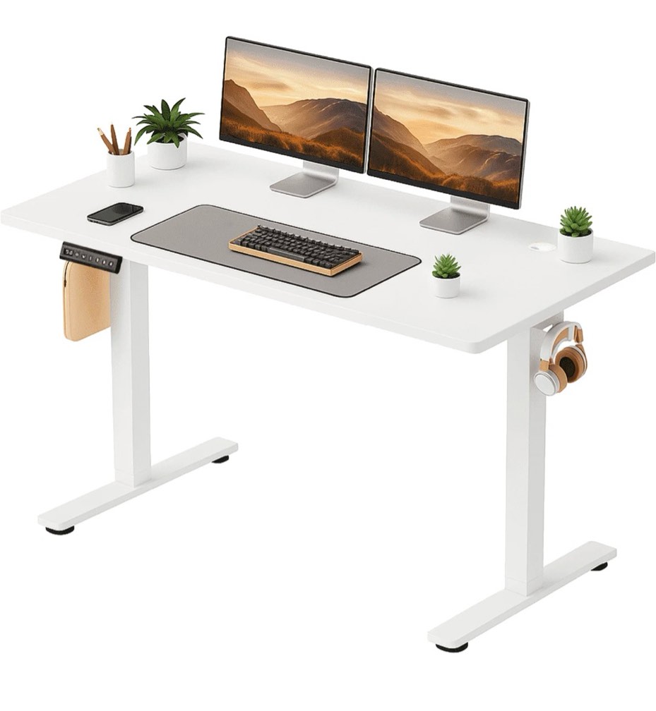 concetta electric height adjustable desk, 55"x24" ergonomic sit stand workstation, one-touch lift home office desk, white