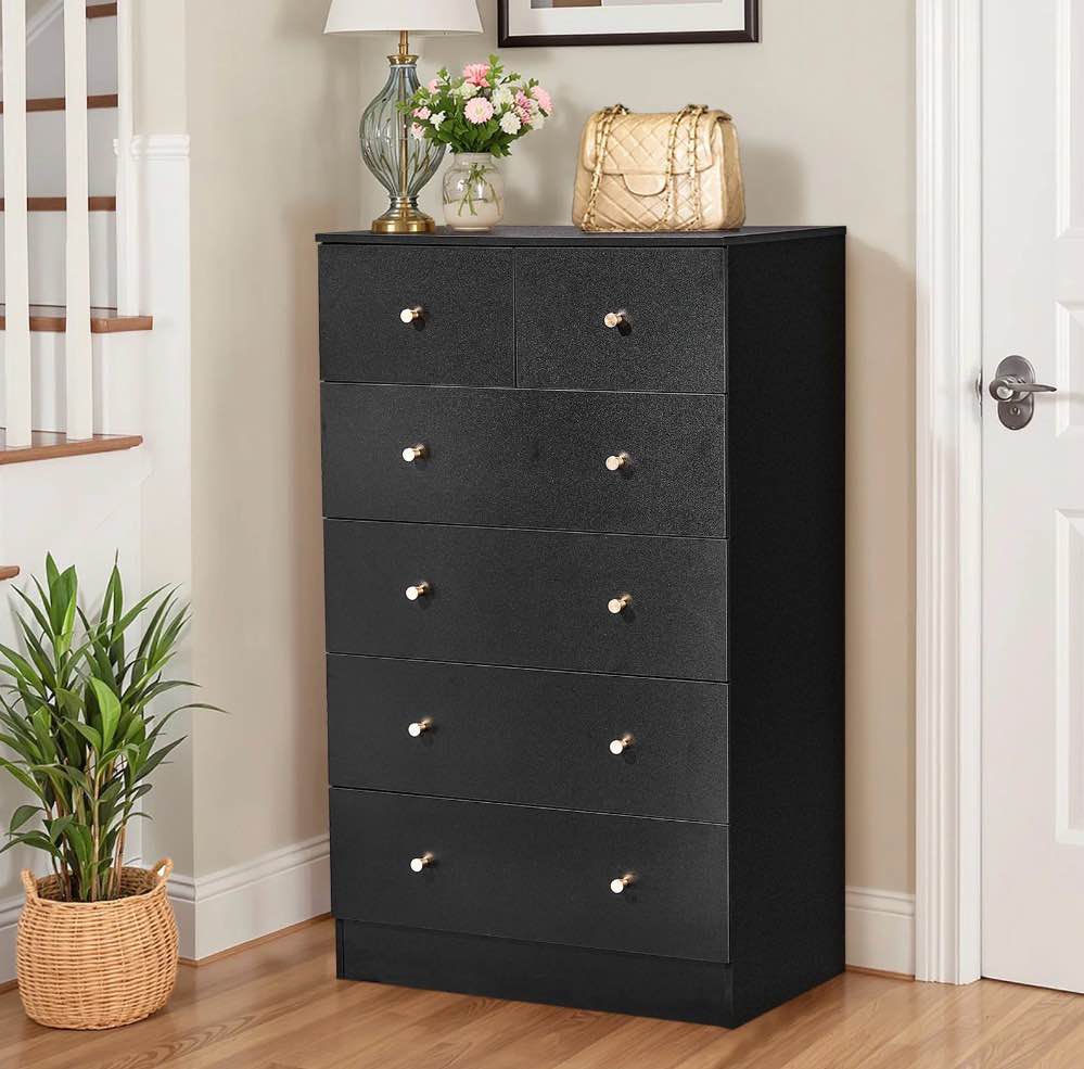 ktaxon large 6 drawers dresser chests for bedroom, wood chset of drawers,dressers organizer for bedroom, living room,hallway, black