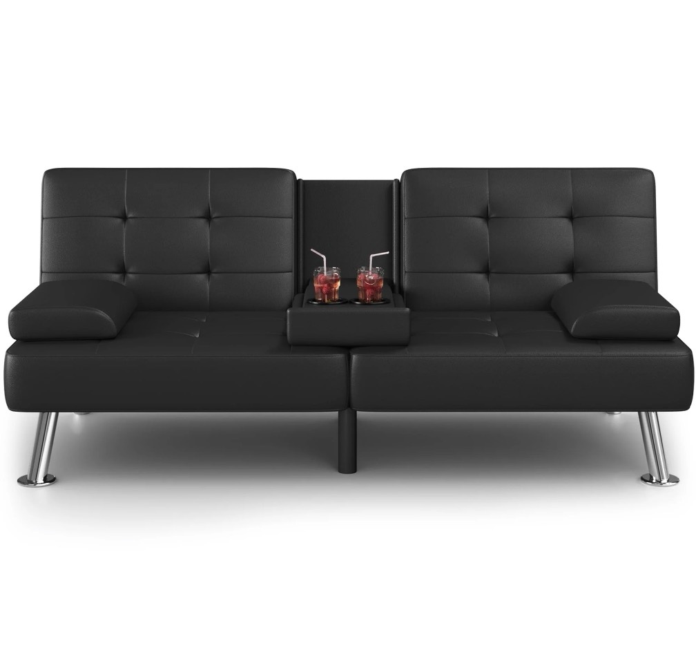 homall futon sofa bed faux leather couch modern convertible folding recliner with 2 cup holders