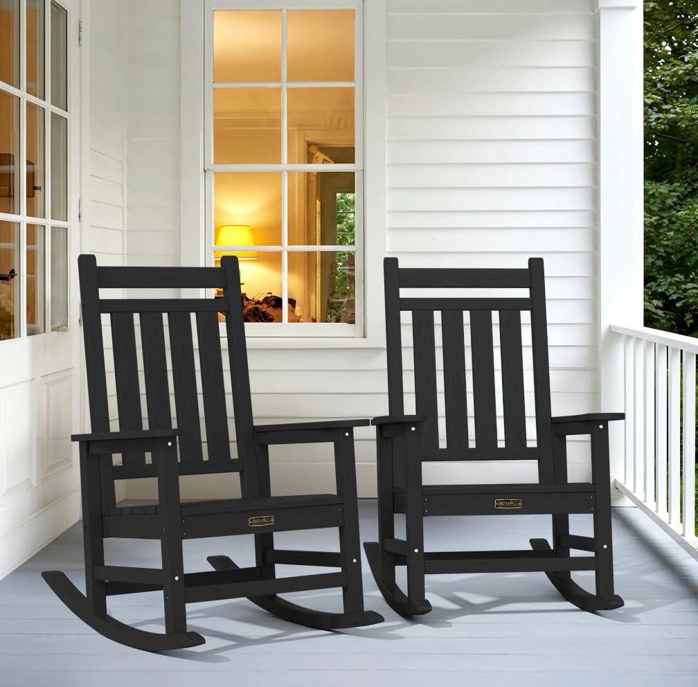 serwall outdoor rocking chair set of 2, hdpe patio rocker for lawn, porch, black