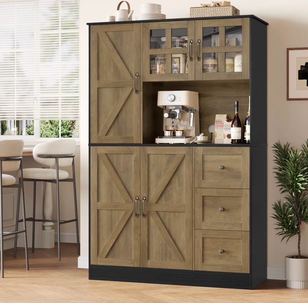 homfa 62? farmhouse pantry cabinet with microwave shelf, kitchen hutch with adjustable shelves, 5-doors freestanding cupboard for living dining room, oak
