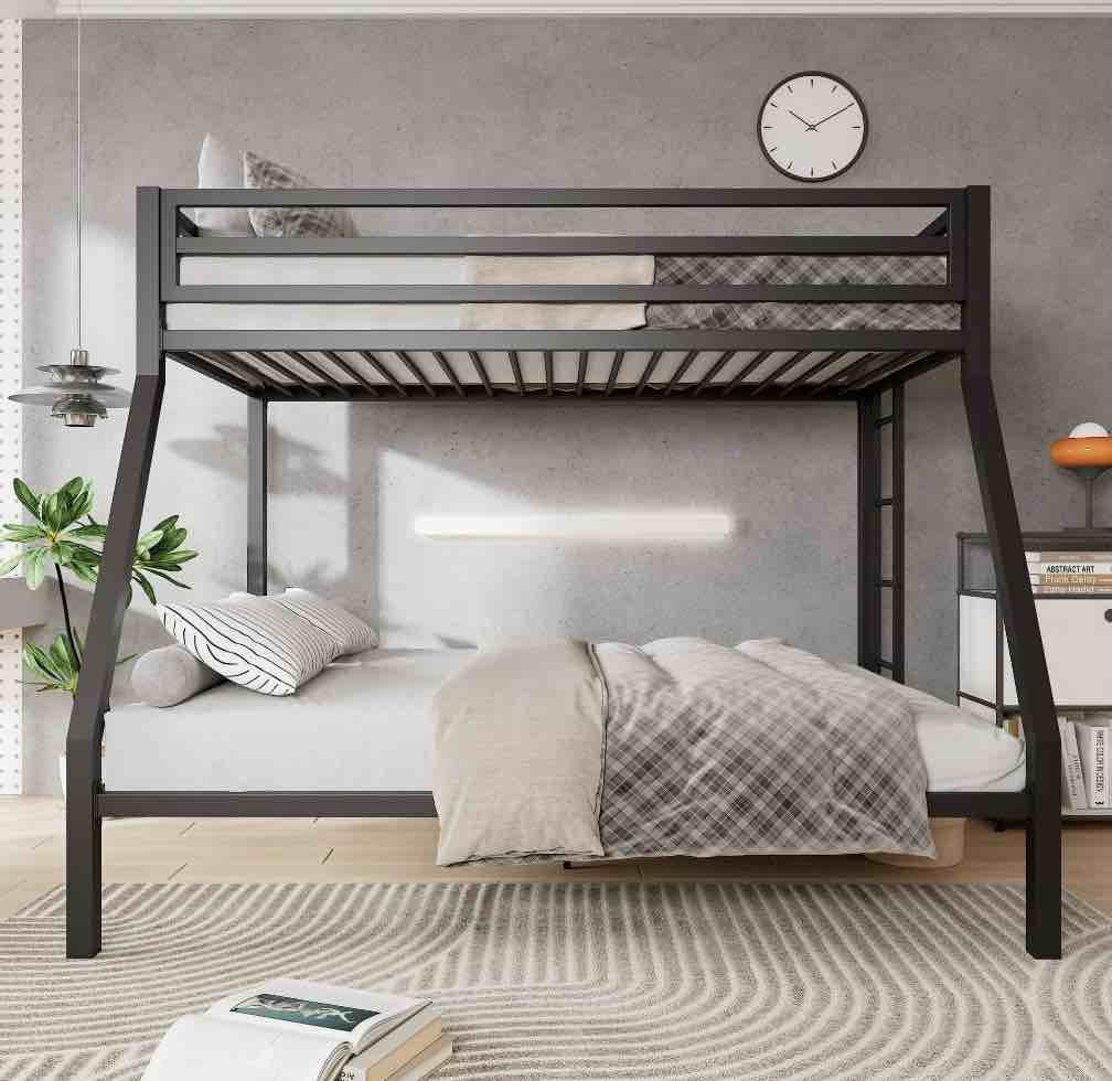amolife twin over full size metal bunk bed with removable ladder  full-length guardrail  black