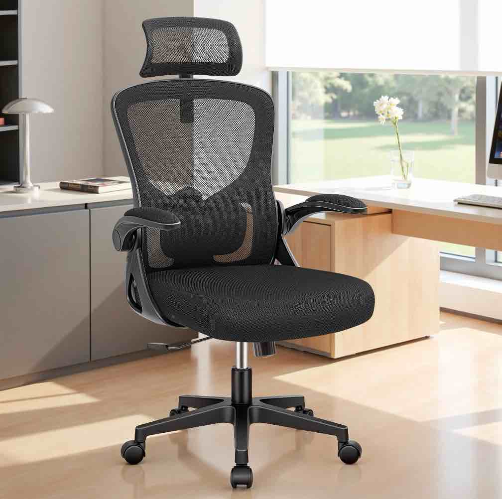 athope office chair, ergonomic desk chairs 300lbs capacity high back mesh computer chair with flip-up armrests, comfy work chair with adjustable lumbar support headrest for home office, black