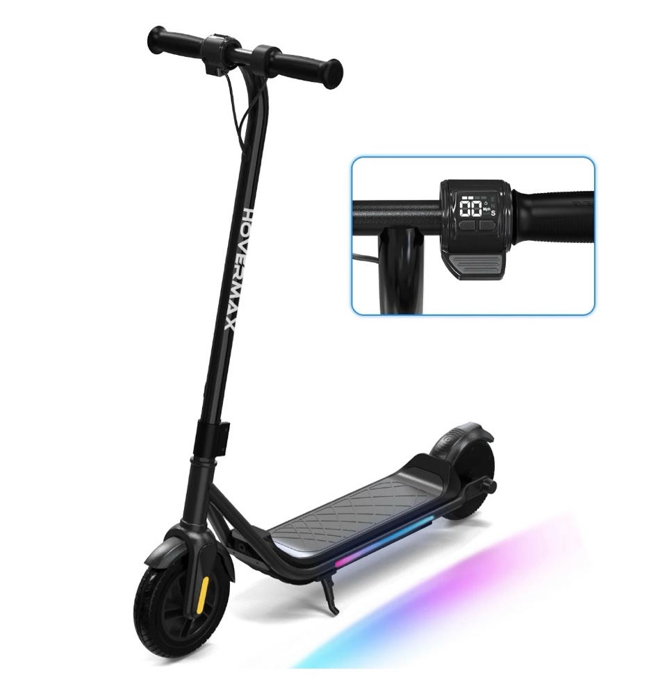 hovermax kids electric scooter - ages 6-12, 10mph, 9.3mi range w/ 7-color lights & 7" tires